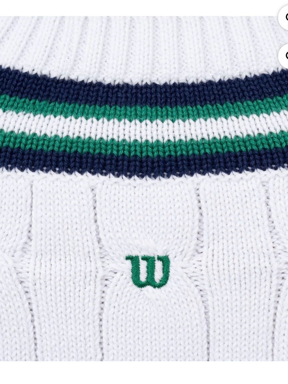 Wilson White Cable-Knit V-Neck Sweater with Green & Navy Stripes - Picture 6 of 11